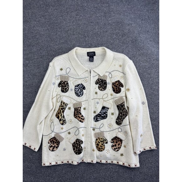 Designers Studio Originals Sweater Womens XL Animal Print Mittens Holiday Zip - Picture 1 of 7